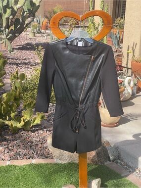 VENUS Black Faux Leather-Front Romper with Zip